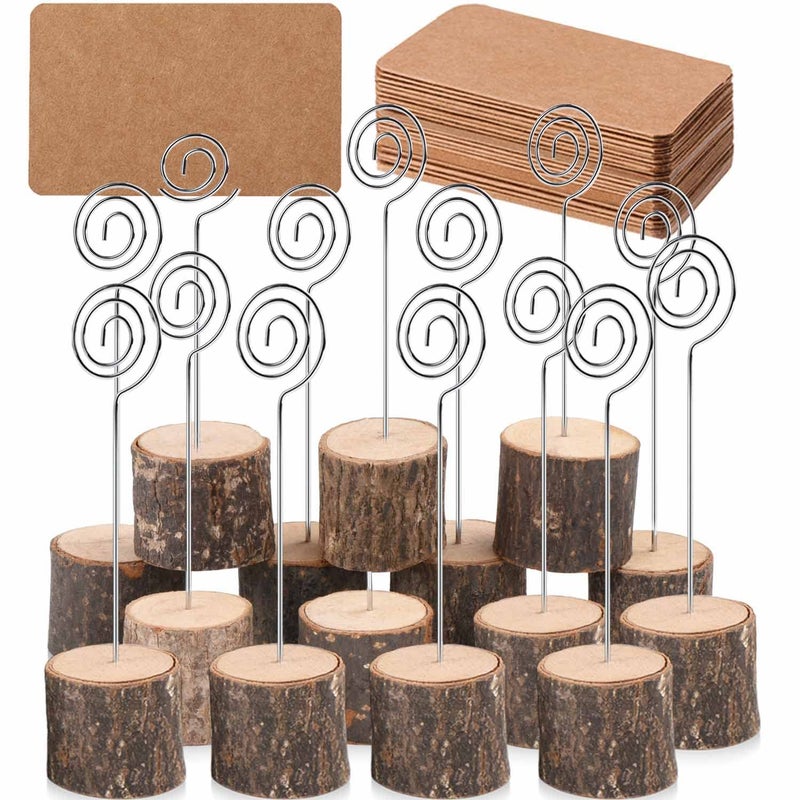 Toncoo 20Pcs Premium Wood Place Card Holders with Swirl Wire and 30 Pcs Kraft Place Cards, Memo Holder, Table Number Holders Stands, Name Cards Photo Holders for Wedding Party Sign Food Cards Label - Image 1